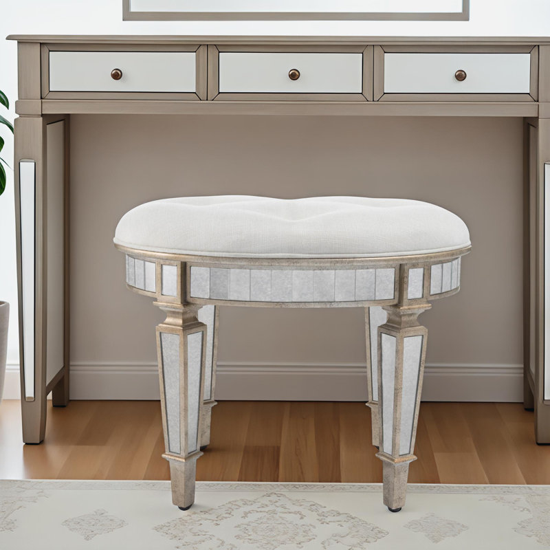 Shakia 24" W Solid and Manufactured Wood Vanity Stool with Upholstered Seat 