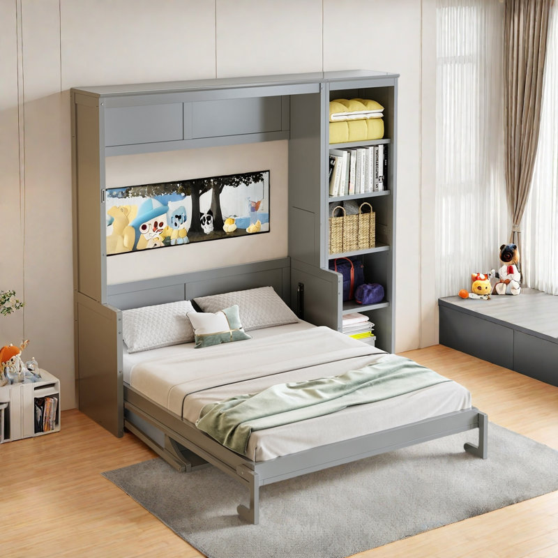 Lit escamotable avec bureau et tablettes Murphy, Gris, Lit double