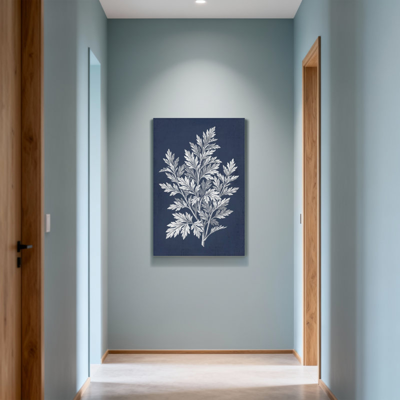 Plantes et fleurs, fougère argentée sur fond bleu marine, H 24 po x l 16 po