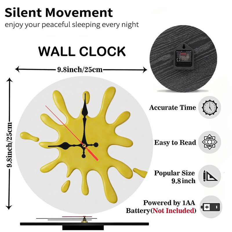 Horloge murale ronde en bois 10 po, mouvement à quartz silencieux, imprimé UV, à piles, Jaune