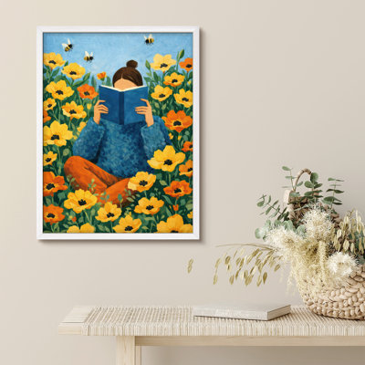 Girl Reading in Flower Field Framed Wall Art Prints - Whimsical Floral Scene for Bedroom Reading Nook