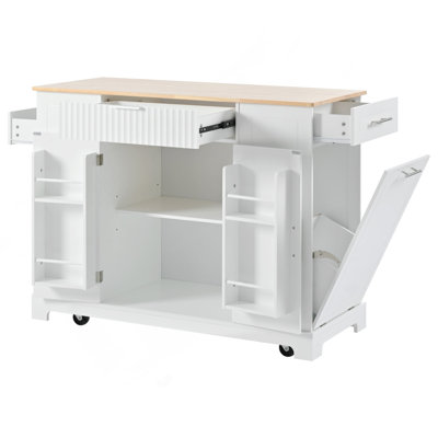 Fluted Kitchen Island With Trash Can Storage Cabinet, Power Outlet, Internal Storage Rack, Rolling Kitchen Islands On 5 Wheels With 3 Drawer, 3 Open Side Racks For 10 Gallon Garbage Bin, White