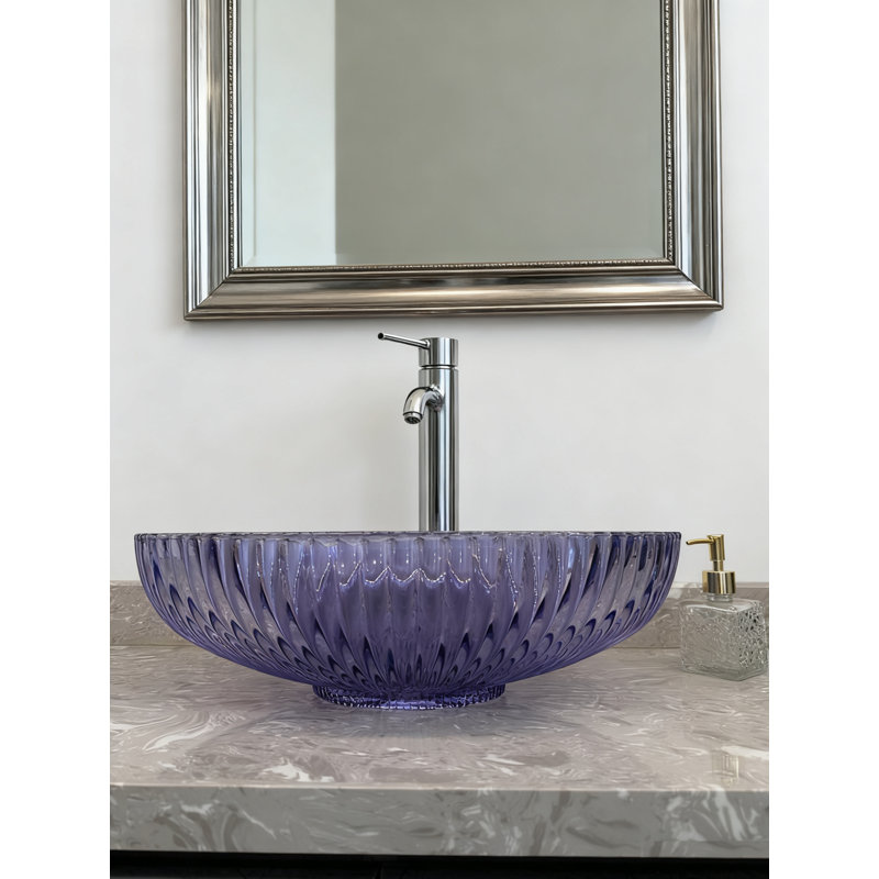 Lavabo vasque élégant en verre bleu-gris transparent - Finition lisse (non sableuse) avec bonde escamotable, idéal pour les comptoirs de meuble-lavabo | Modèle Lav-fws105