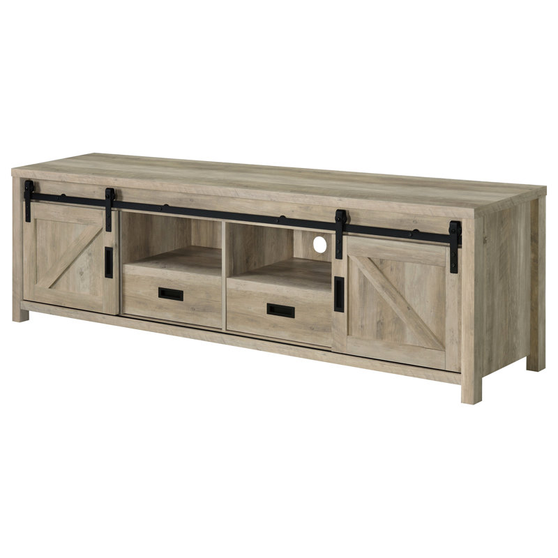 Meuble télé à 2 portes en pin vieilli pour téléviseur de 70 à 79 pouces, portes coulissantes, deux tiroirs, charme rustique, design d'espace, fonctionnalité moderne, support en bois d'ingénierie de 23,5 po de hauteur et 76,96 po de largeur, compatibilité, hauteur,
