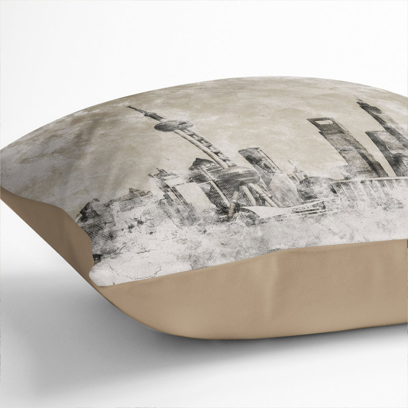 Shanghai Skyline Vol.2 Watercolour Square Throw Cushion, Stone, 40cm H x 40cm W x 15cm D