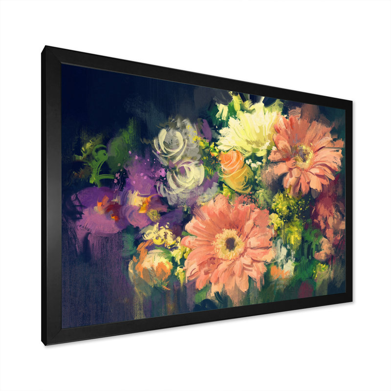 «Grunge Pastel Bouquet Of Flowers», reproduction sur toile, Cadre d'angle fermé noir, H 8 po x l 12 po x P 1 po