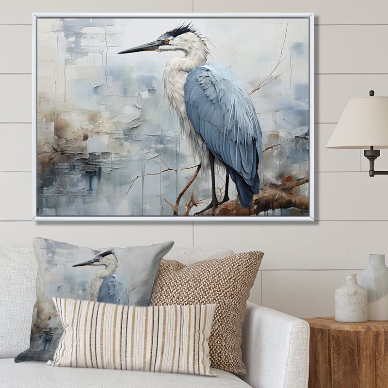 «Blue Great Heron In Miminal Harmony I», art mural héron, H 34 po x l 44 po x P 1,5 po, Cadre simple noir