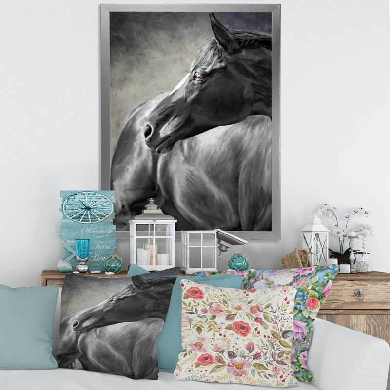 Portrait d'un cheval noir - peinture sur toile, H 40 po x l 30 po x 1,5 po, Toile avec cadre argenté