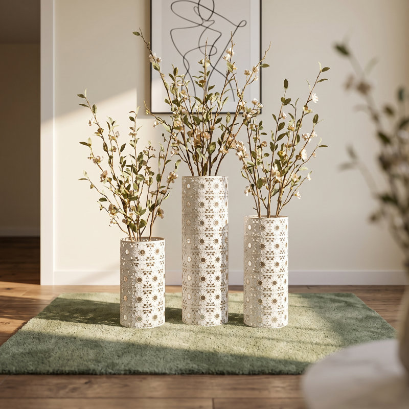 Vase de sol décoratif haut, ajouré et ajouré, en métal blanc doré, fabriqué à la main, lot de 3