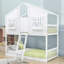 Lit superposé simple au-dessus d'un lit simple en bois avec boîte de rangement, garde-corps et échelle-112170985
