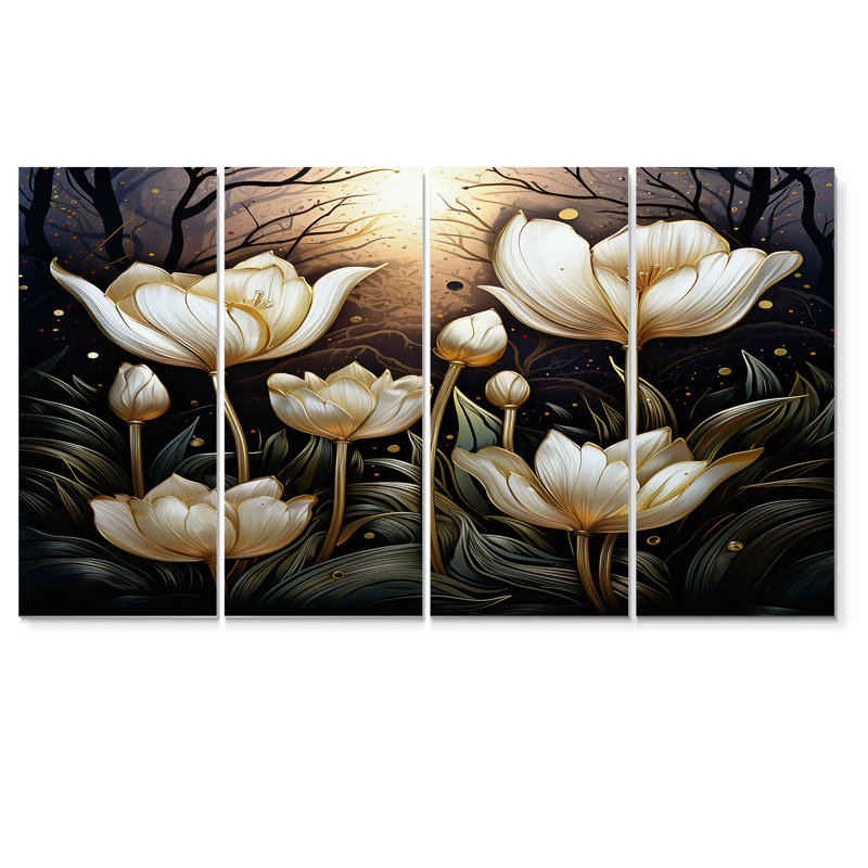 4 tulipes blanches élégantes dans la nuit, H 28 po x l 48 po