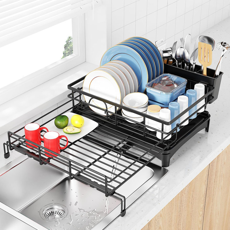 Égouttoir à vaisselle extensible avec porte-couverts, égouttoir à vaisselle, égouttoir à vaisselle noir antirouille pour comptoir de cuisine