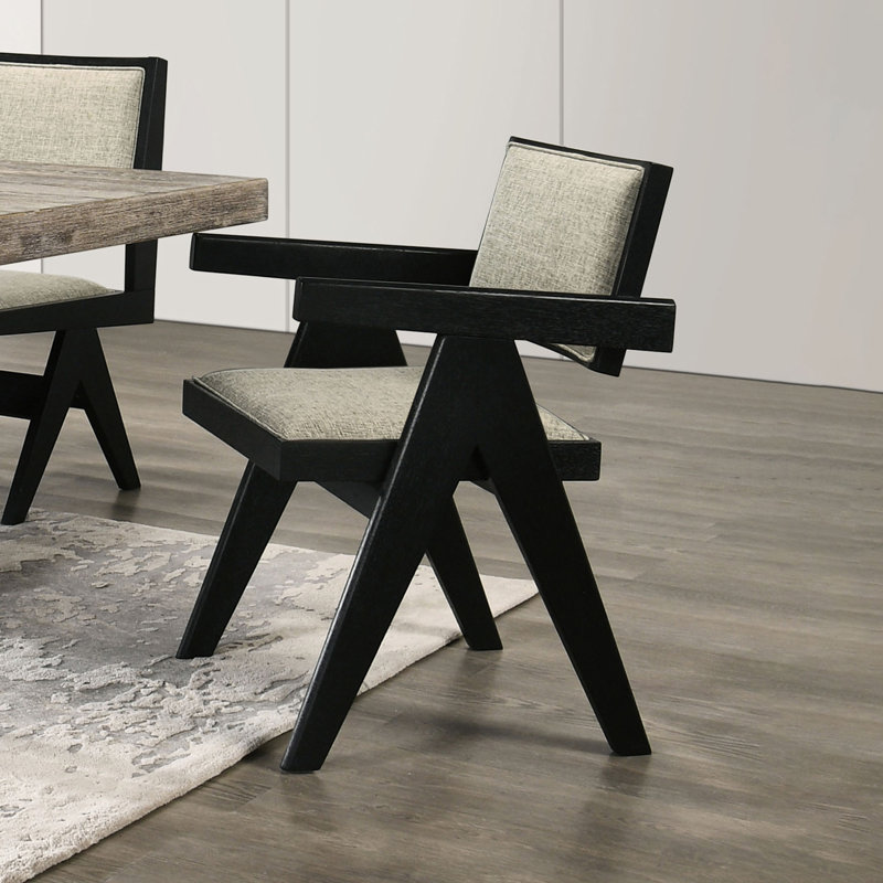 Chaises de salle à manger contemporaines rembourrées en tissu noir 2 pièces avec coussins gris et pieds en bois massif de style moderne