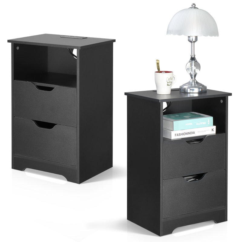 Table de chevet noire 15,7 po, panneau de particules P2, mélamine mat, sans poignée, 2 tiroirs, prise de courant américaine (2 pièces)