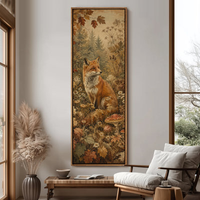 Extra Large Rustic Forest Fox Among Autumn Wildflowers Woodland Mushrooms Cozy Nature Wildlife Vertical Print Wall Art