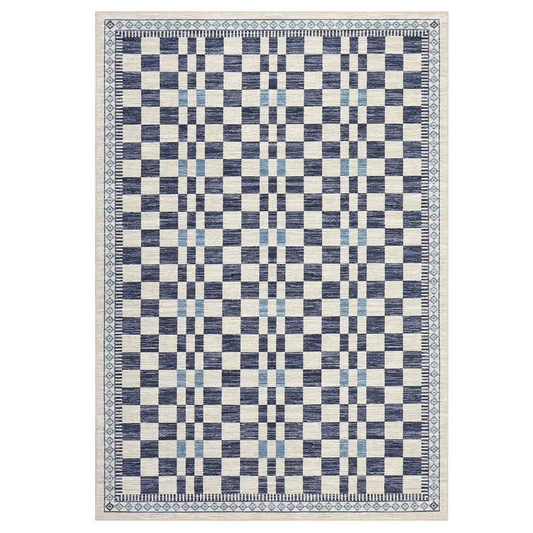Modern Checkered Machine Washable Non-Slip Rug, Stain-Resistant Floor Cover, Ultra-Soft Faux Wool Contemporary Geometric Indoor Mat for Living Room, Bedroom