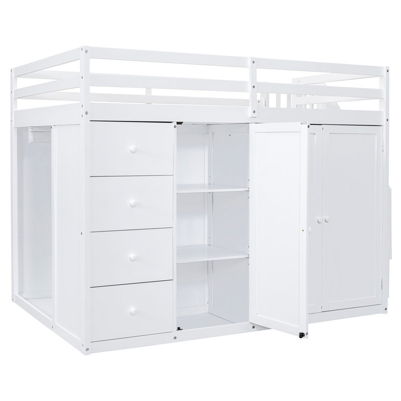 Lit mezzanine double en blanc avec rangement polyvalent - garde-robes, armoires, tiroirs pour une polyvalence de garde-robe intégrée