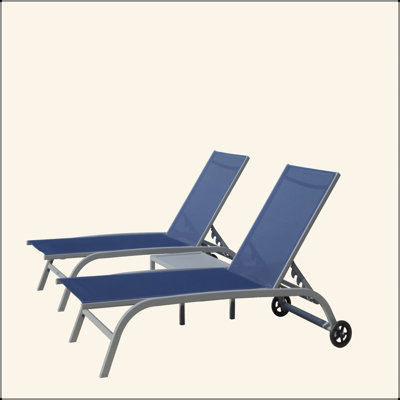 Chaise Lounge Outdoor Set Of 3, Lounge Chairs For Outside With Wheels, Outdoor Lounge Chairs With 5 Adjustable Position, Pool Lounge Chairs For Patio, Beach(2 Lounge Chairs+1 Table)