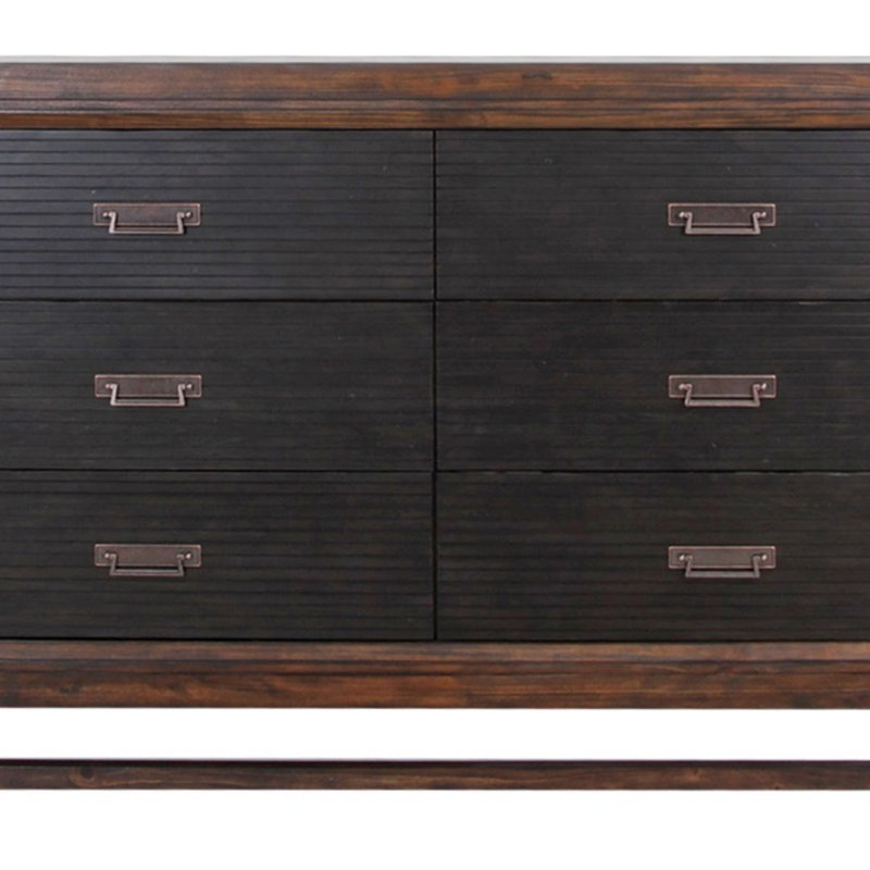 Commode à six tiroirs sans assemblage requise et finition à deux tons, parfaite pour les intérieurs rustiques et modernes