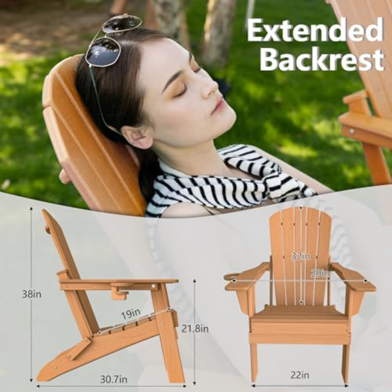 Folding Adirondack Chair, SGS Tested, Wooden Textured with Cup Holder, Heavy All-Weather HDPE Comfortable Set Poolside Backyard Lawn