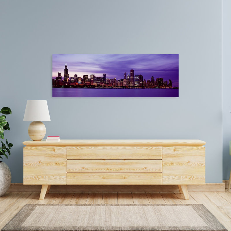 Skyscrapers in a city lit up at night Chicago Illinois USA 1 Piece Wrapped Canvas Panoramic Wall Art