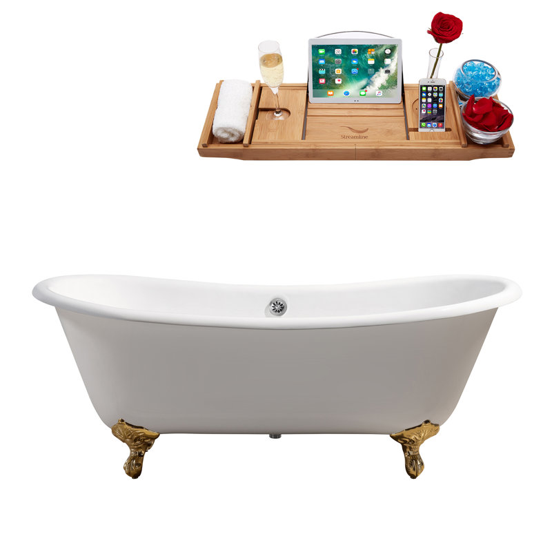 Baignoire de trempage sur pattes 71 "avec drain, pattes et plateau en bambou 71" Streamline, Chrome poli, Chrome poli
