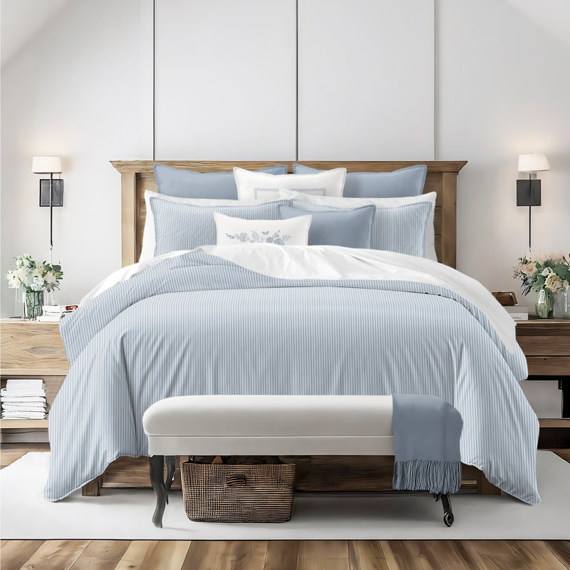 Ruben Stripe Reversible Cotton Duvet Cover Set, Cal.King Duvet Cover + 2 King Shams, Cornflower