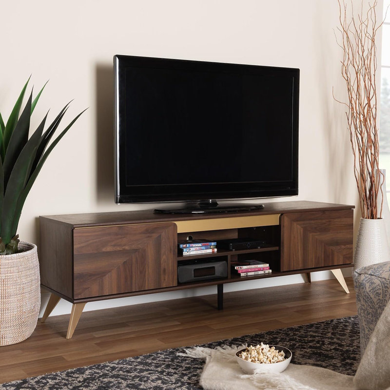  Mid-Century Modern Transitional Walnut Brown Wood 2-Door TV Stand