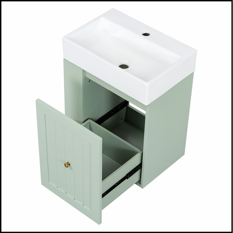 Meuble-lavabo mural de 20 pouces avec lavabo en céramique, armoire de rangement en panneau de fibres à densité moyenne, tiroir et tablette latérale - Conception moderne peu encombrante pour les petites salles de bain