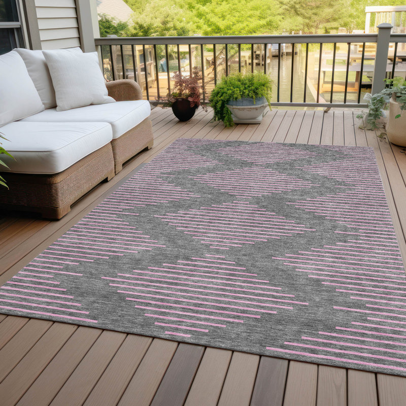 Gray and Pink Geometric Washable Synthetic Rug
