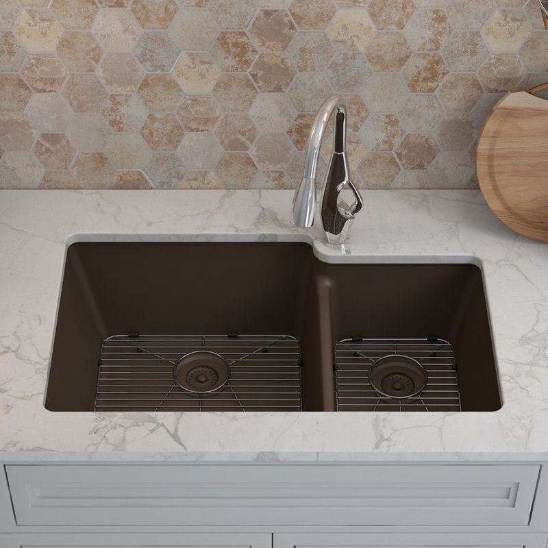 32" x 19" Quartz Kitchen Sink, 60/40 Double Bowl Sink, Drop-in Sink, Undermount Sink, Granite Kitchen Sink, with 2 Steel Grids and Basket Strainer, Disposal Flange