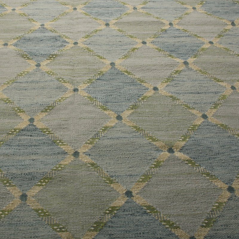Rug & Kilim’S Scandinavian Inspired Green And Blue Geometric Wool Rug, Rectangle 12' x 15'