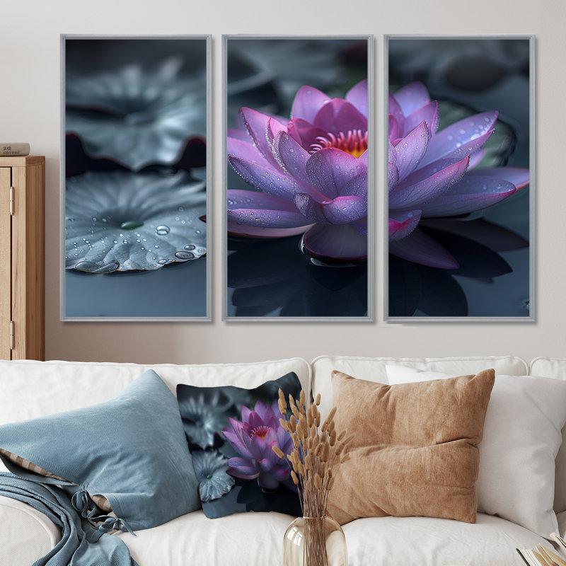 Aman - Ensemble de décoration murale Lotus, Toile argentée avec cadre flottant, H 40 po x l 60 po x P 1 po