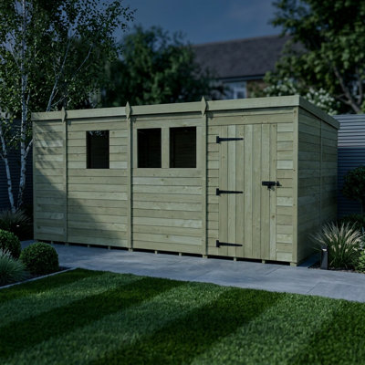 Total Sheds 13ft x 8ft Pent Garden Shed - Single Door - With Windows - Pressure Treated Timber - UK Manufactured