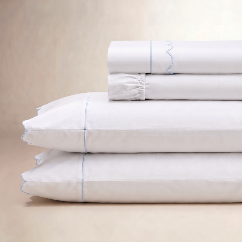 Scallop Frame Percale Sheet Set, Blue, Queen Sheet Set with 2 Pillowcases