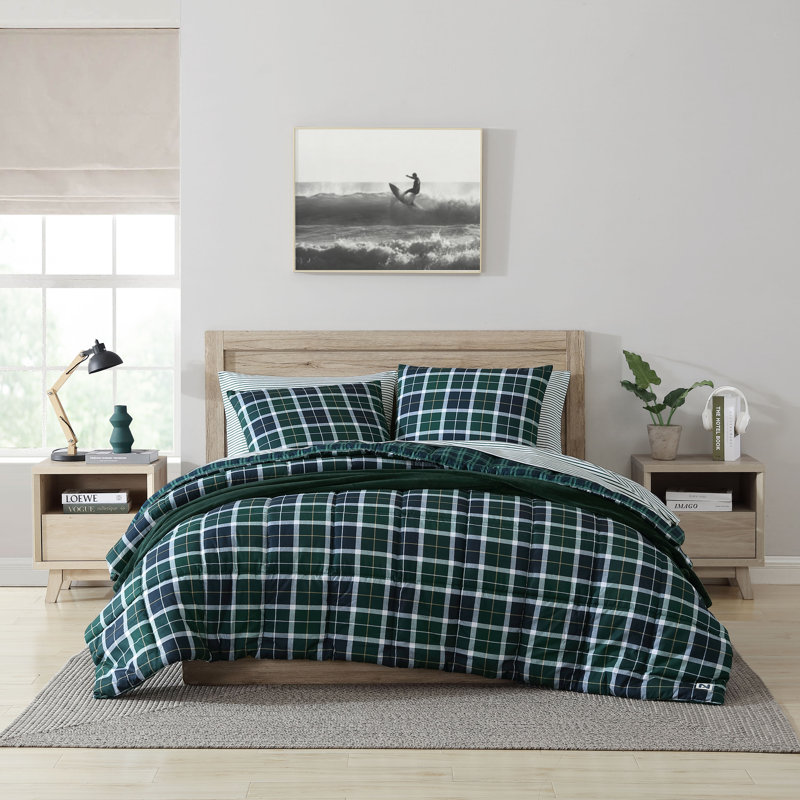 Twin Navy and Green Plaid Reversible Microfiber Duvet Cover Set