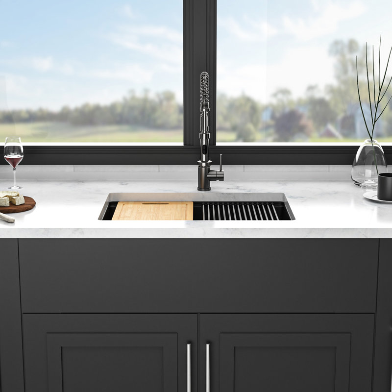 28 - Inch By 19 Black Quartz Workstation Undermount Kitchen Sink High End Material, Smooth Surface, Eliminates Vibration, With Drying Roll Up Rack And Bottom Grid Black, 28" X 19", Composite,