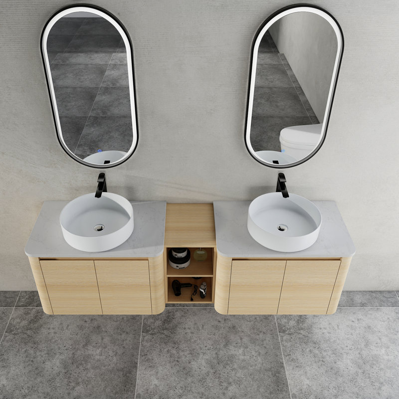 Meuble-lavabo mural 72 po avec lavabo d'art en céramique et 1 tablette de rangement, 4 portes à fermeture en douceur, Chêne
