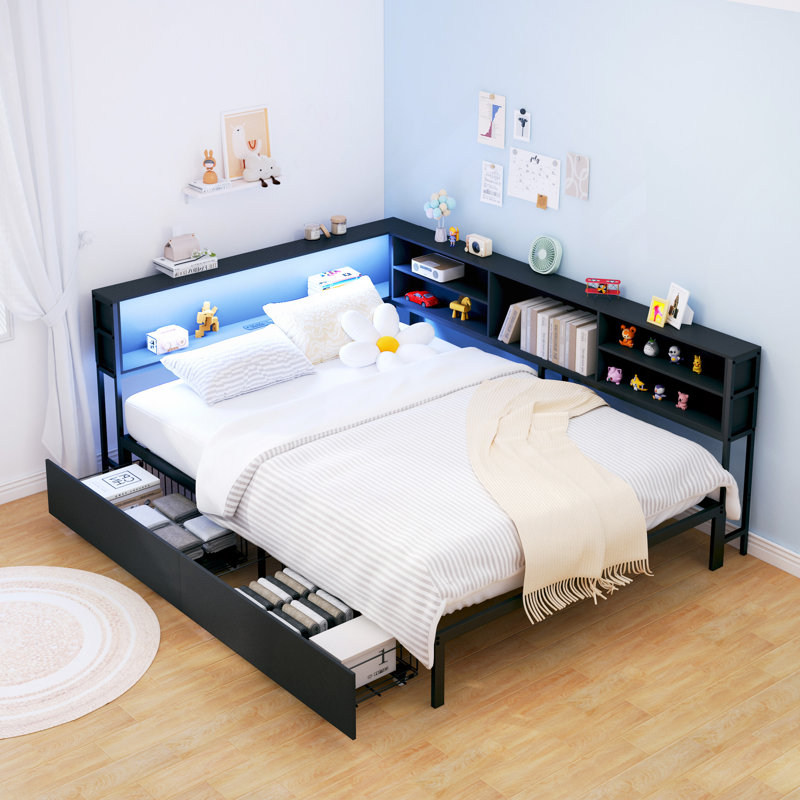 Corner Daybed With Storage, Bookcase Headboard, LED Light & Built-In Charging Station, Black