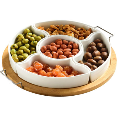 11 Inch Ceramic Divided Serving Dishes With Bamboo Platter, Appetizer Tray 5 Removable Snacks Bowls For Candy And Nut, Chips And Dips, No Lid Included
