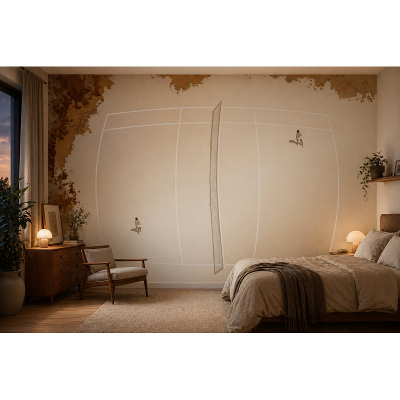 Papier peint texturé aquarelle, motif terrain de volley-ball sur sable, 120"x96", Peel and Stick