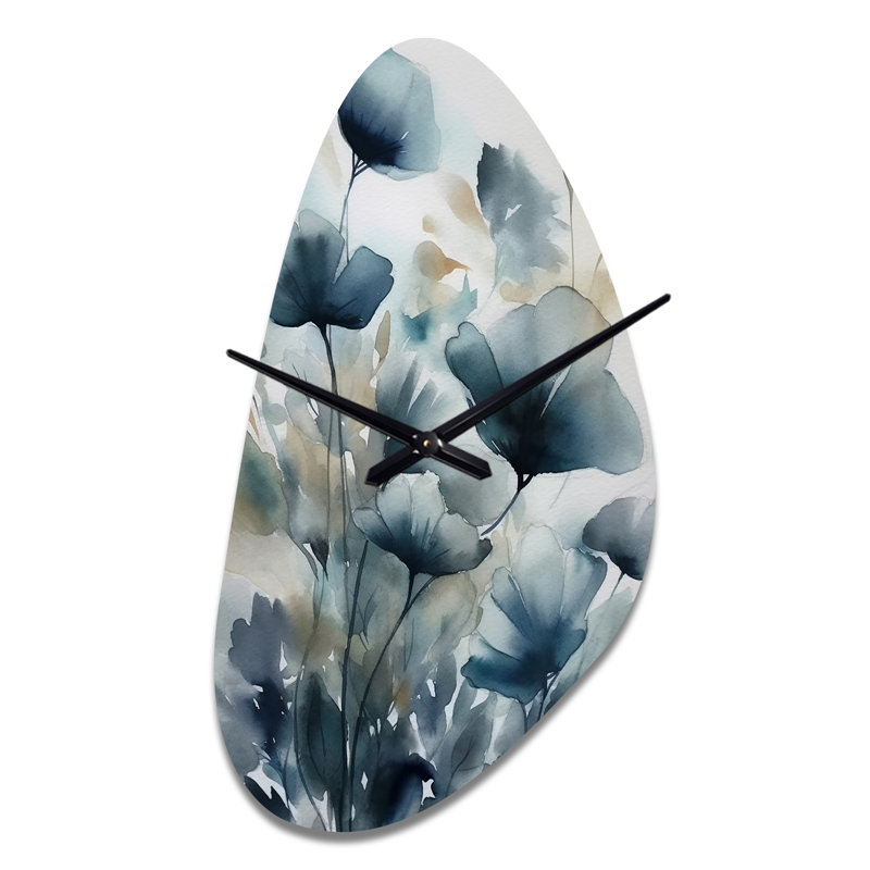 Horloge murale en forme de feuille bleue - Feuillage bleu et fleurs III - Feuilles, forme irrégulière, Grand
