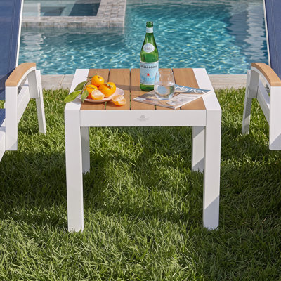 Patio Rectangular 21.7"L X 19.8"W Aluminum Side Table With Teak Wood Tabletop