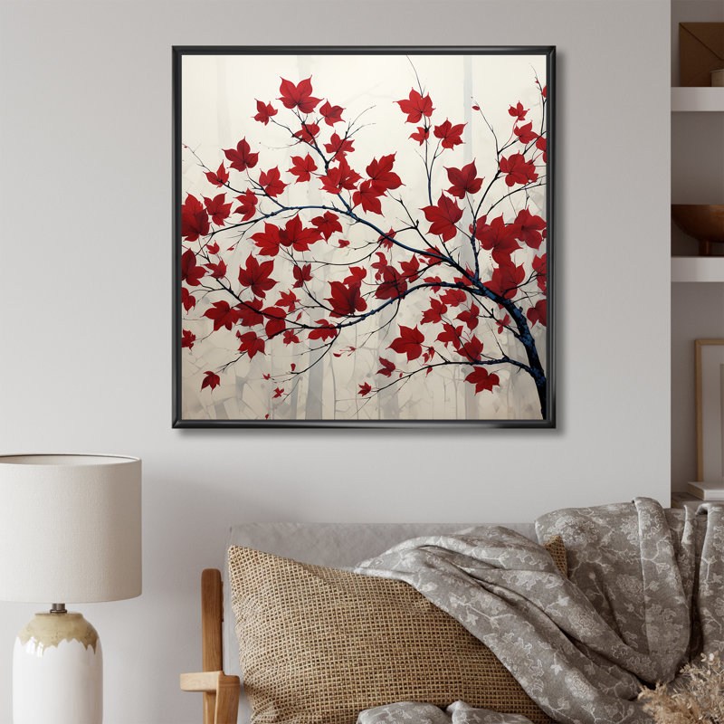 Red Leaves Scarlet Simplicity - feuilles, art mural encadré, H 24 po x l 24 po x P 1 po, Cadre flottant noir