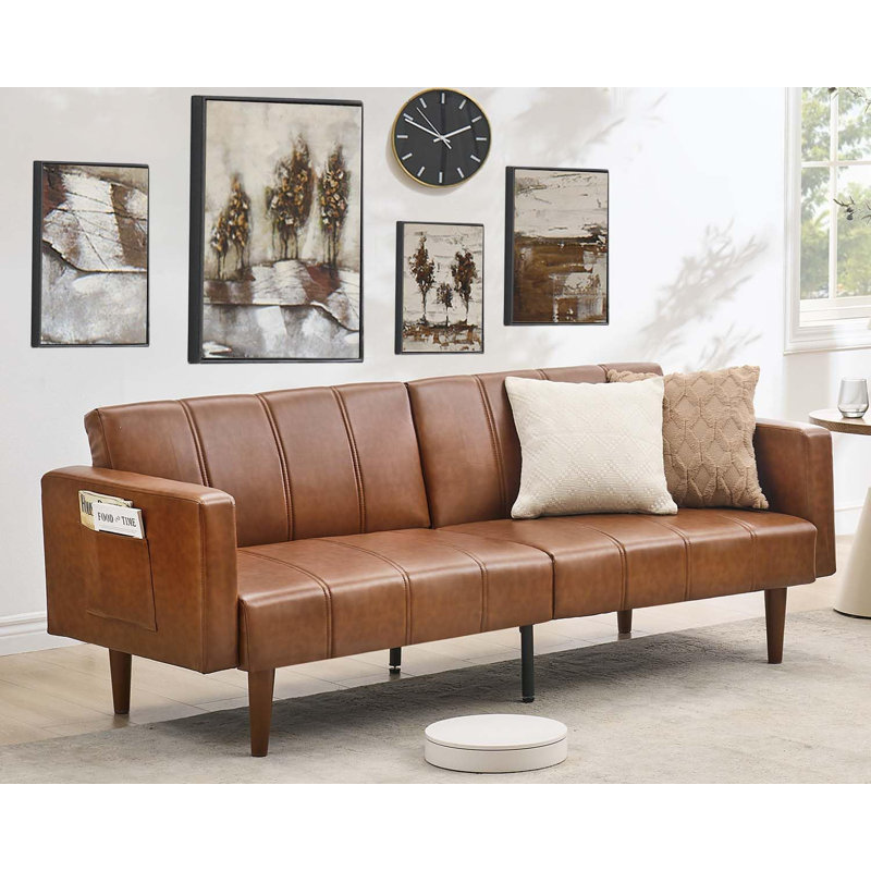 Canapé-lit futon en cuir de 75 po, dossier réglable, canapé-lit convertible, brun