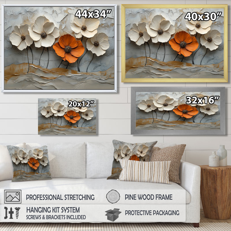 Blanc et orange, coquelicots en fleurs - coquelicots, art mural, H 30 po x l 40 po, Gold Picture Framed