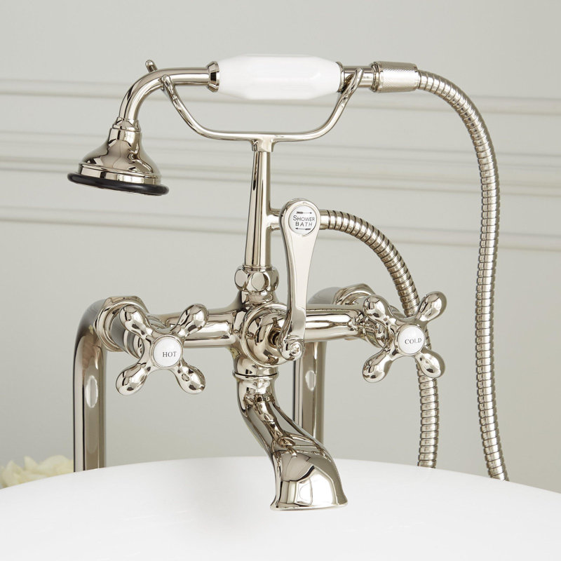 Robinet de baignoire à fixation au sol avec poignées en croix de style téléphone, Nickel poli