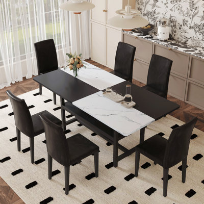 Table And Chair Set.71*35.4 Inch  And  Spliced Dining Table With Storage Function In The Middle Of The Table Legs.Paired With 6  PU Dining Chairs