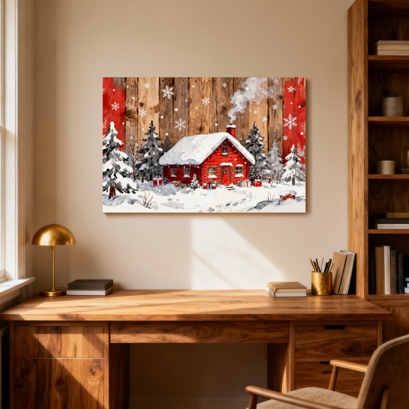 Noël, cabane rouge, neige, scène d'hiver, pins, H 12 po x l 18 po