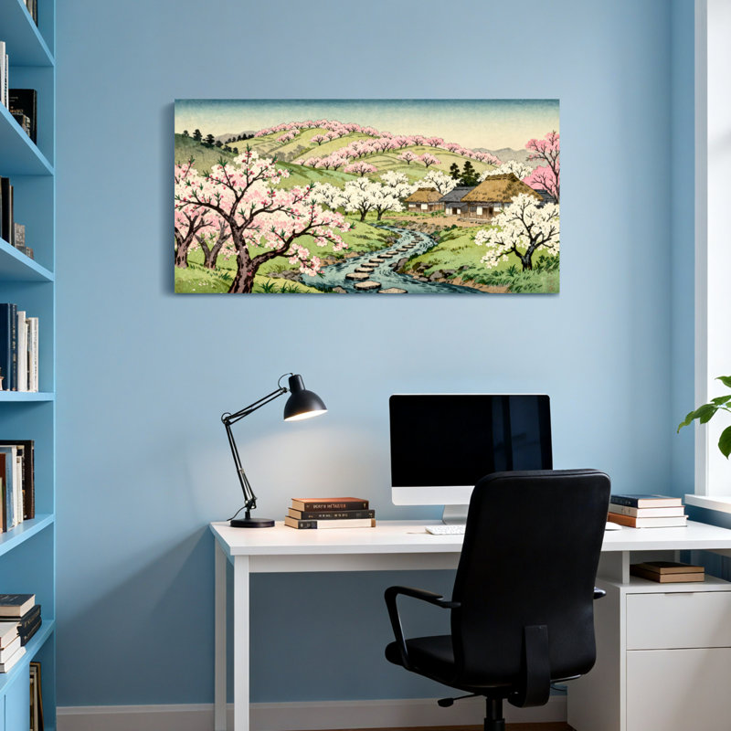 Paysage et nature, scène de village de cerisiers en fleurs au printemps, H 24 po x l 48 po